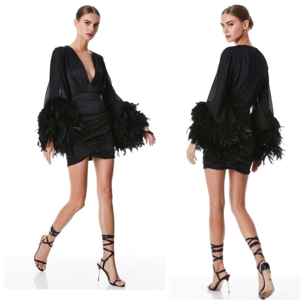 ALICE + OLIVIA JOETTE FEATHER TRIM SLEEVE MINI DRESS SIZE 2 NWT $895 - Picture 5 of 16